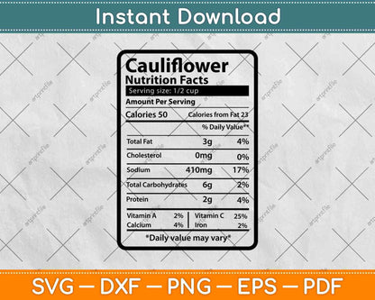 Cauliflower Nutrition Facts Thanksgiving Svg Png Dxf Digital Cutting Files