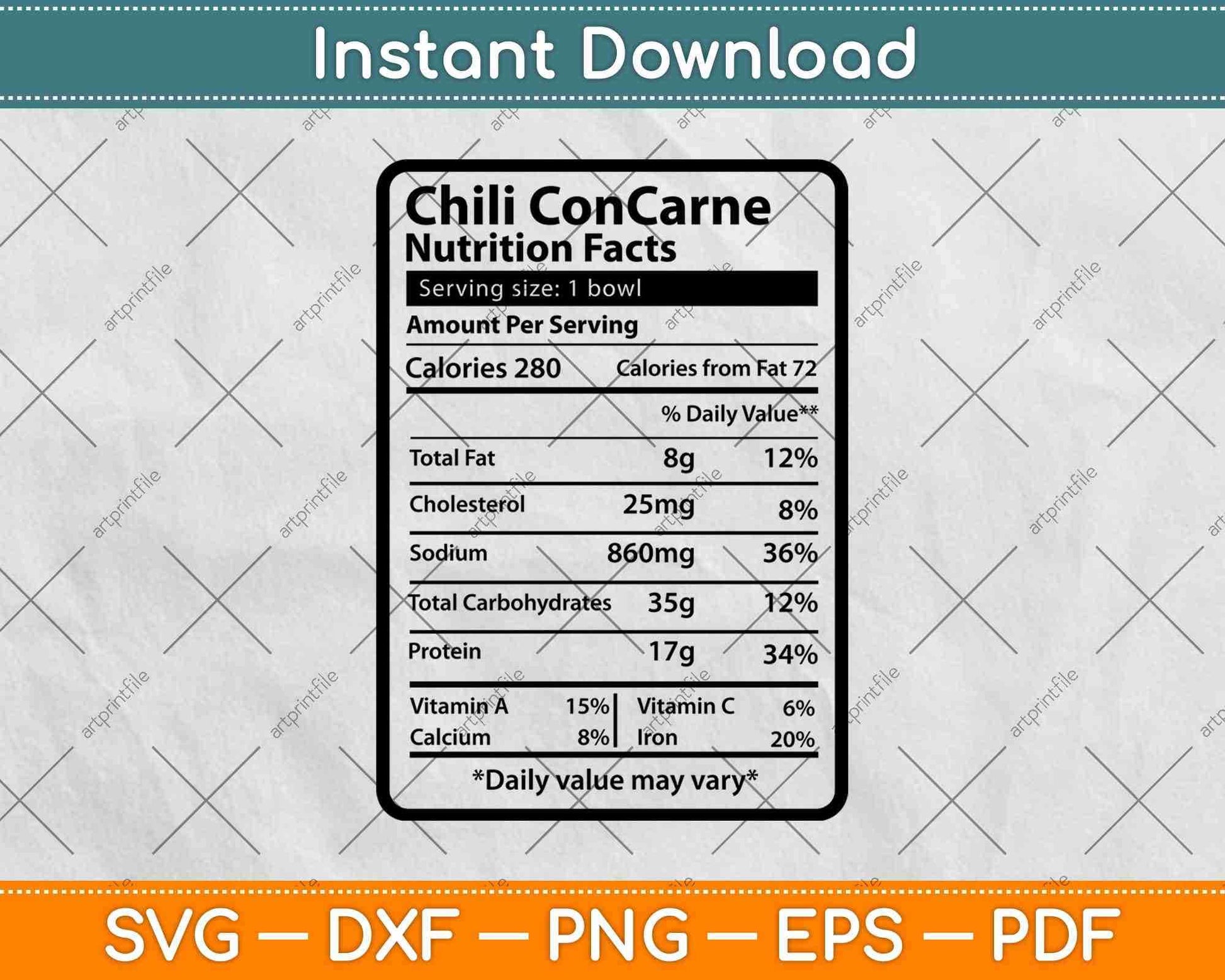 Chili Con Carne Nutrition Facts Funny Thanksgiving Svg Png Dxf Digital Cutting Files