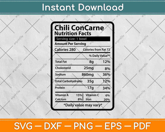 Chili Con Carne Nutrition Facts Funny Thanksgiving Svg Png Dxf Digital Cutting Files