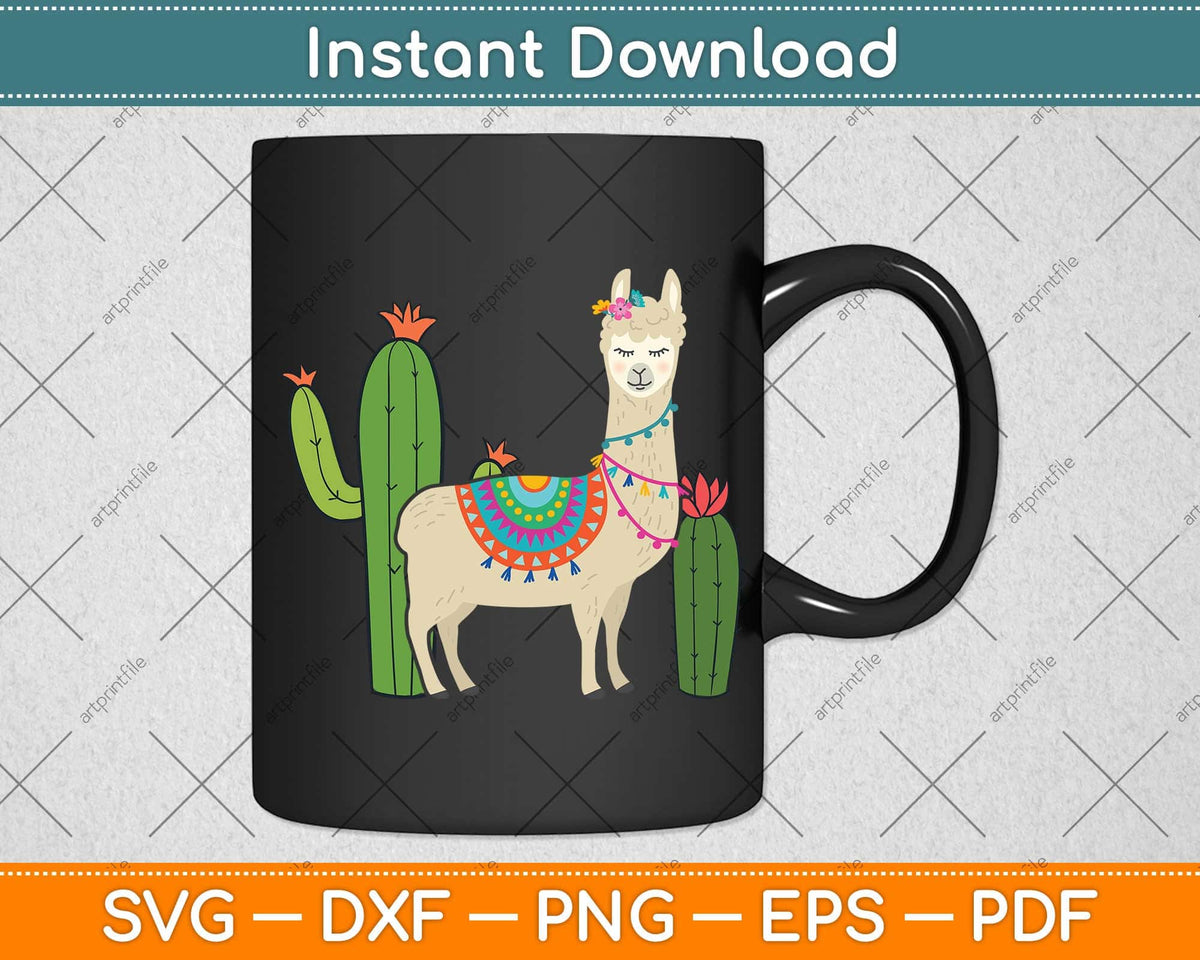 Cute Llama With Flower & Cactus Llama Lover Svg Png Dxf Digital Cutting File