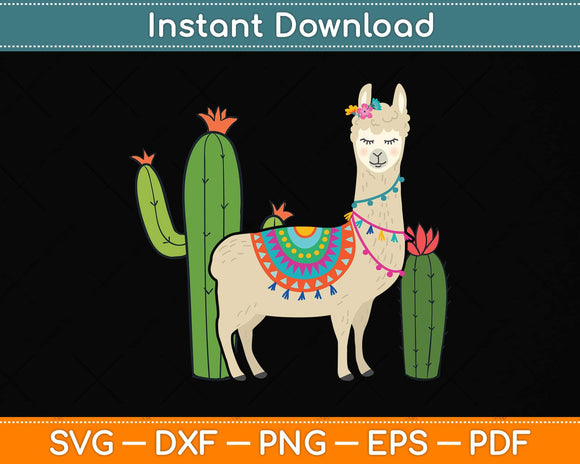 Cute Llama With Flower & Cactus Llama Lover Svg Png Dxf Digital Cutting File