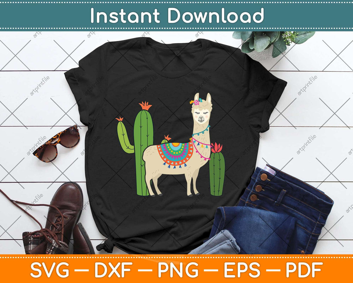 Cute Llama With Flower & Cactus Llama Lover Svg Png Dxf Digital Cutting File