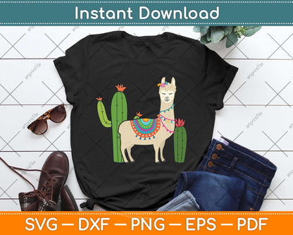 Cute Llama With Flower & Cactus Llama Lover Svg Png Dxf Digital Cutting File