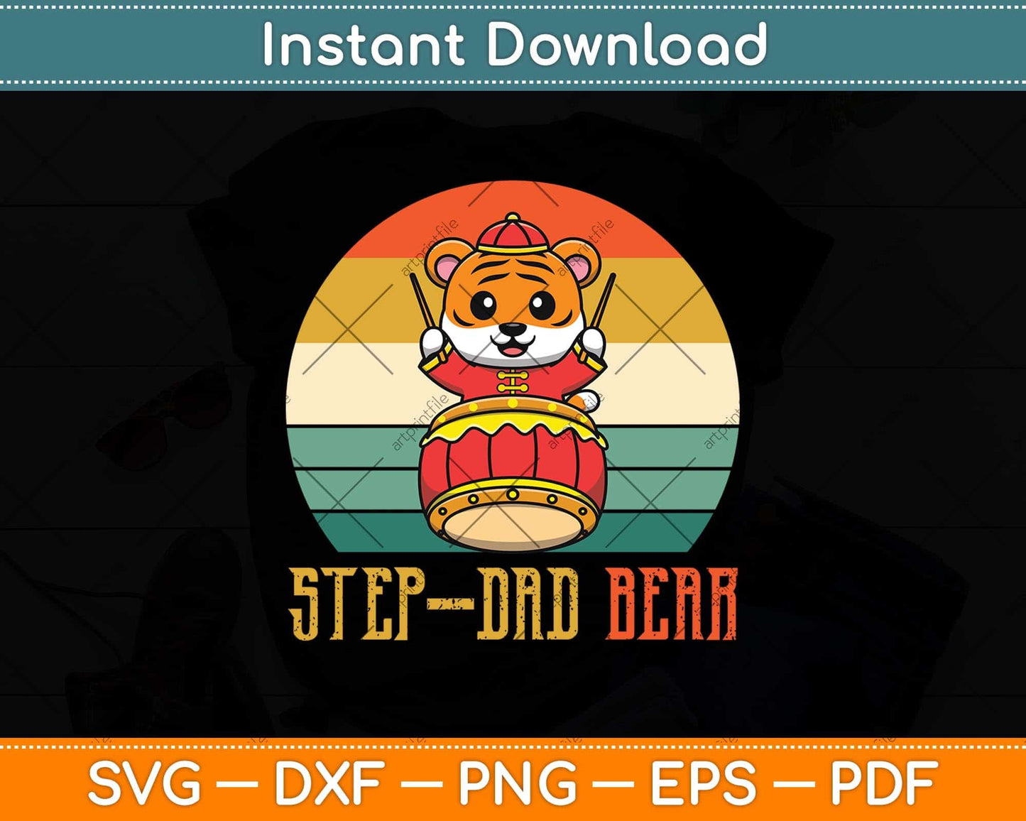 Cute Step-Dad Bear Vintage Father's Day Svg Png Dxf Digital Cutting File