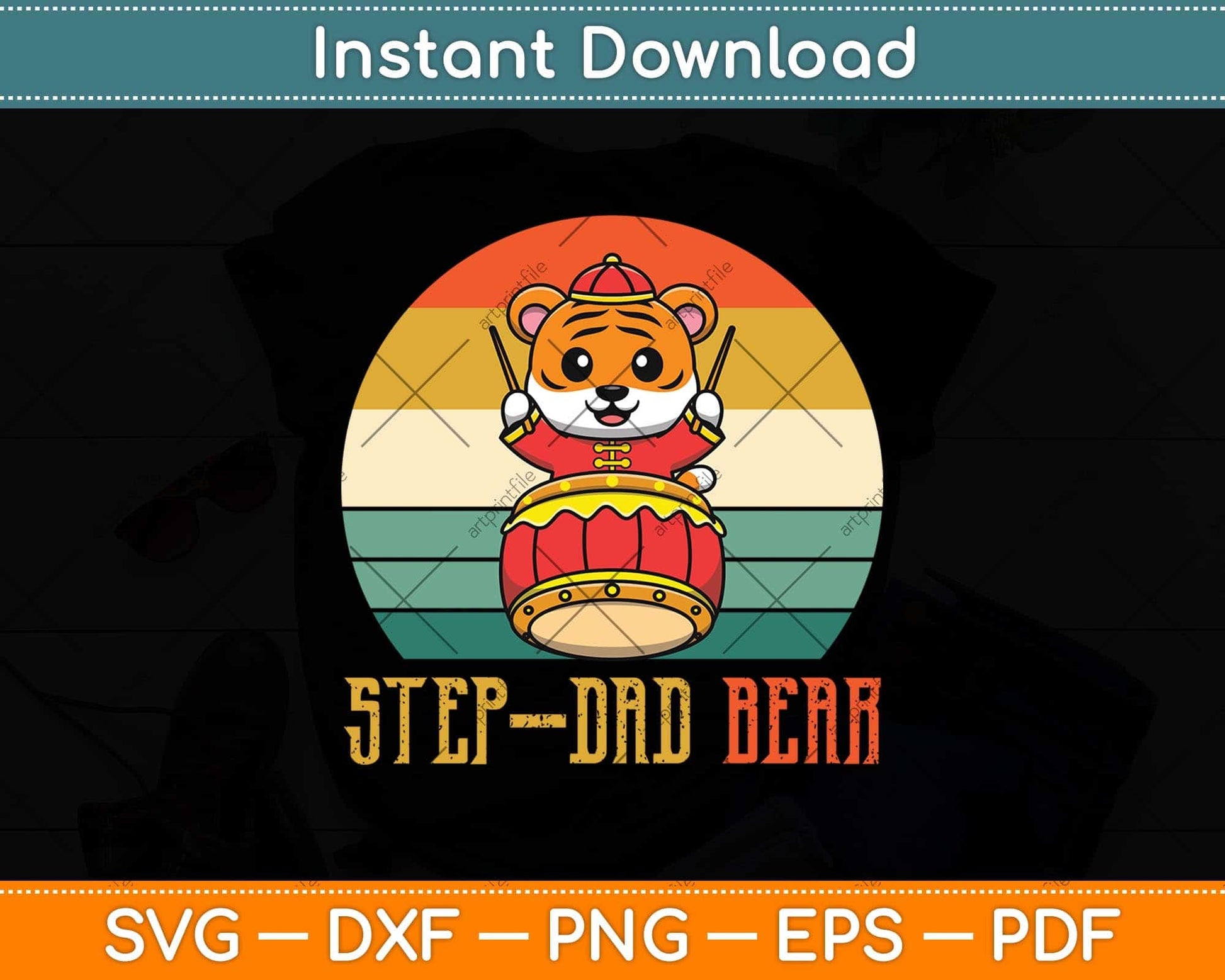 Cute Step-Dad Bear Vintage Father's Day Svg Png Dxf Digital Cutting File
