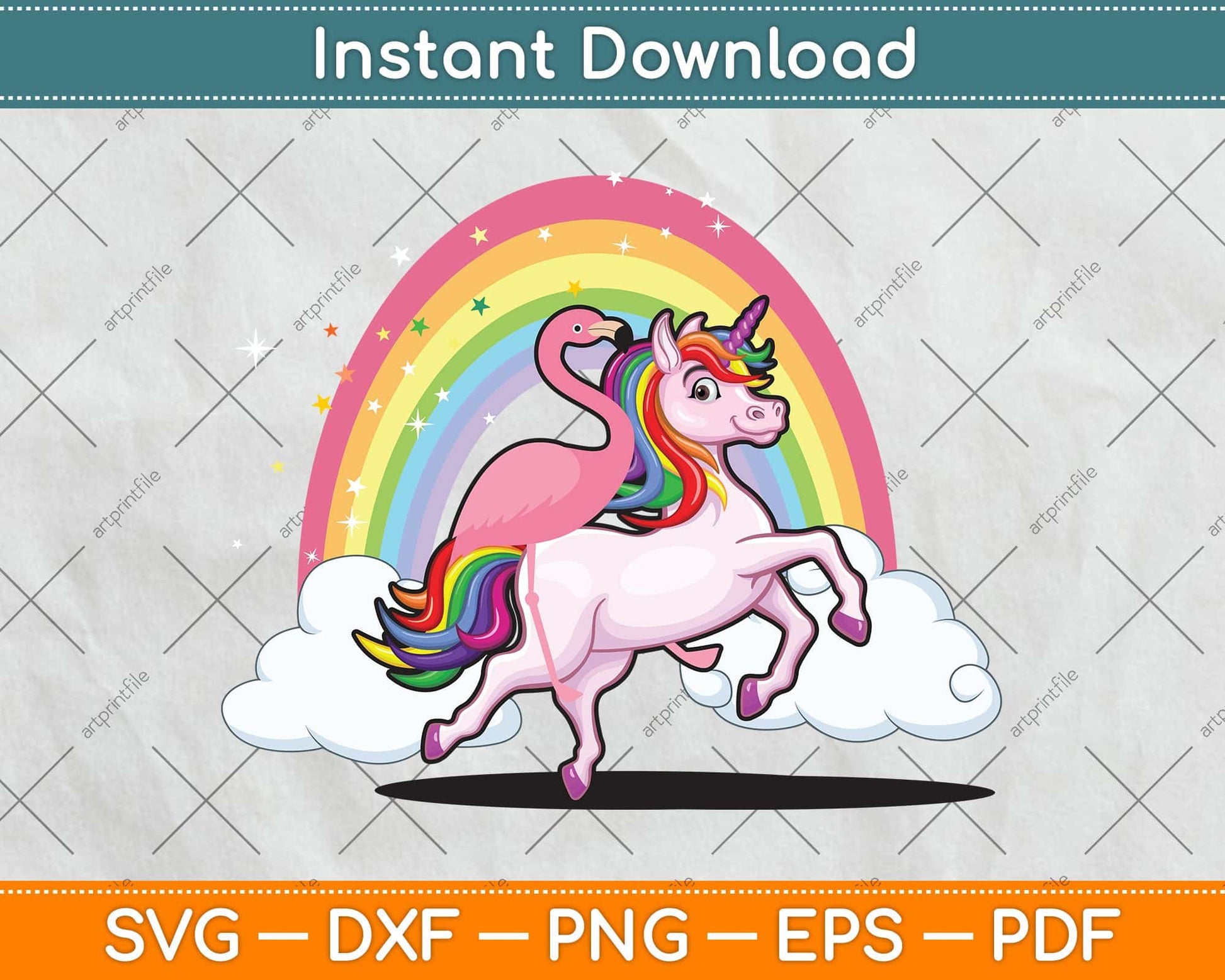 Flamingo Bird Riding Unicorn Magical Rainbow Svg Png Dxf Digital Cutting File