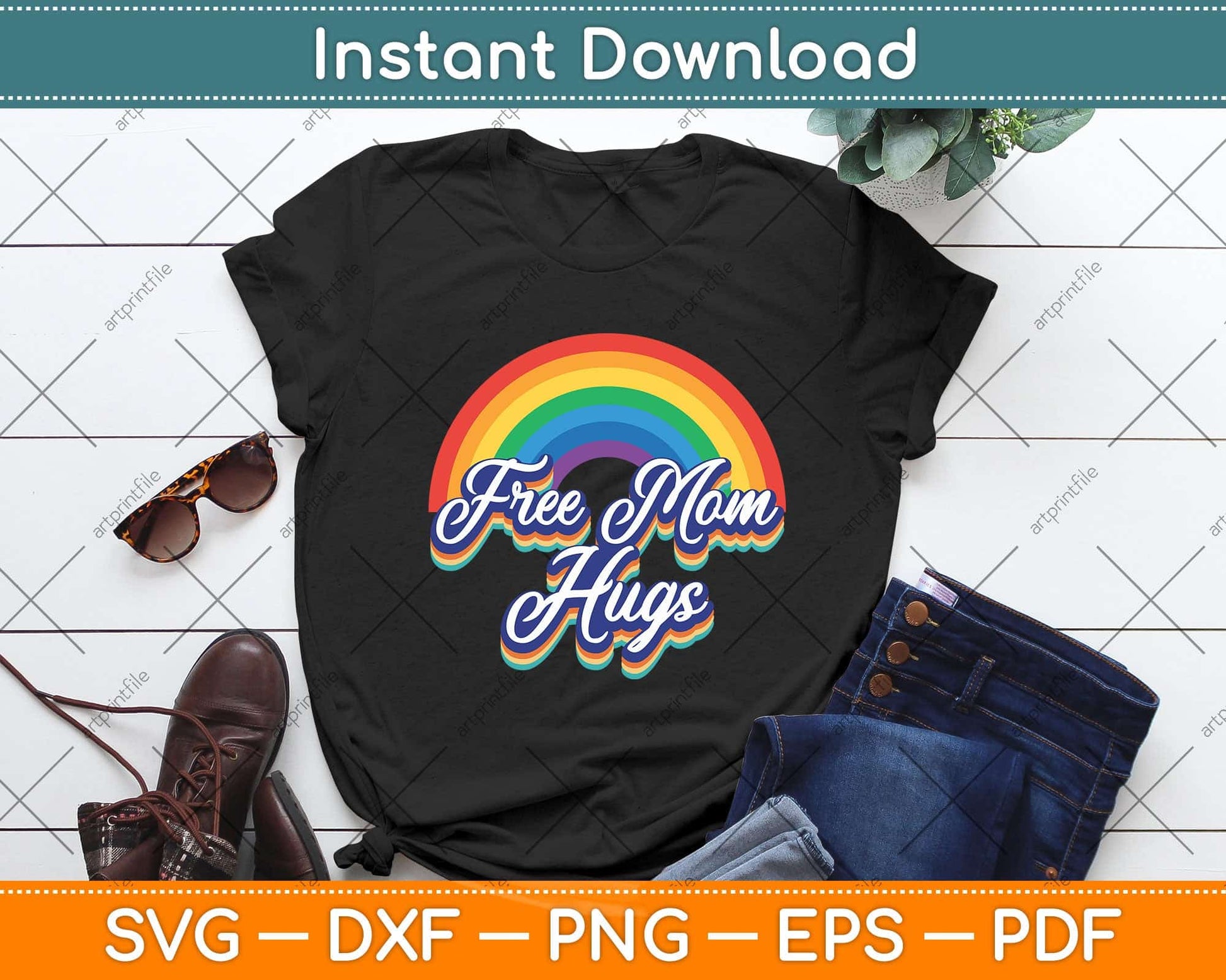 Free Mom Hugs Rainbow Heart LGBT Pride Month Svg Png Dxf Digital Cutting File