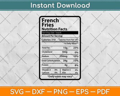 French Fries Nutrition Facts Funny Thanksgiving Svg Png Dxf Digital Cutting Files