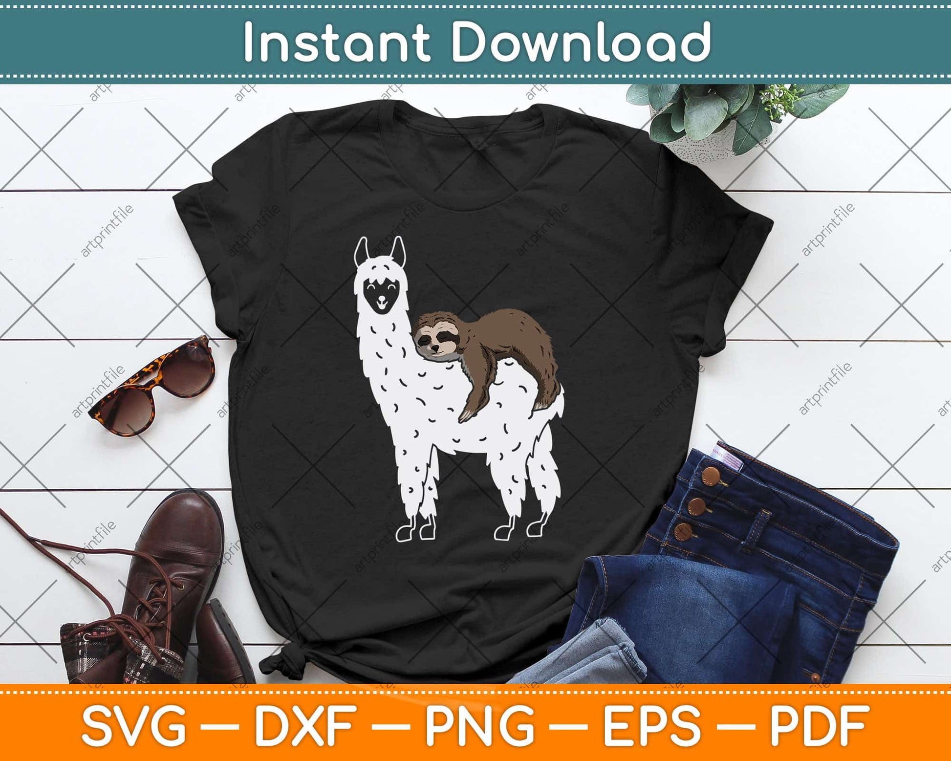 Funny Fluffy Animal Sloth Riding Llama Svg Png Dxf Digital Cutting File