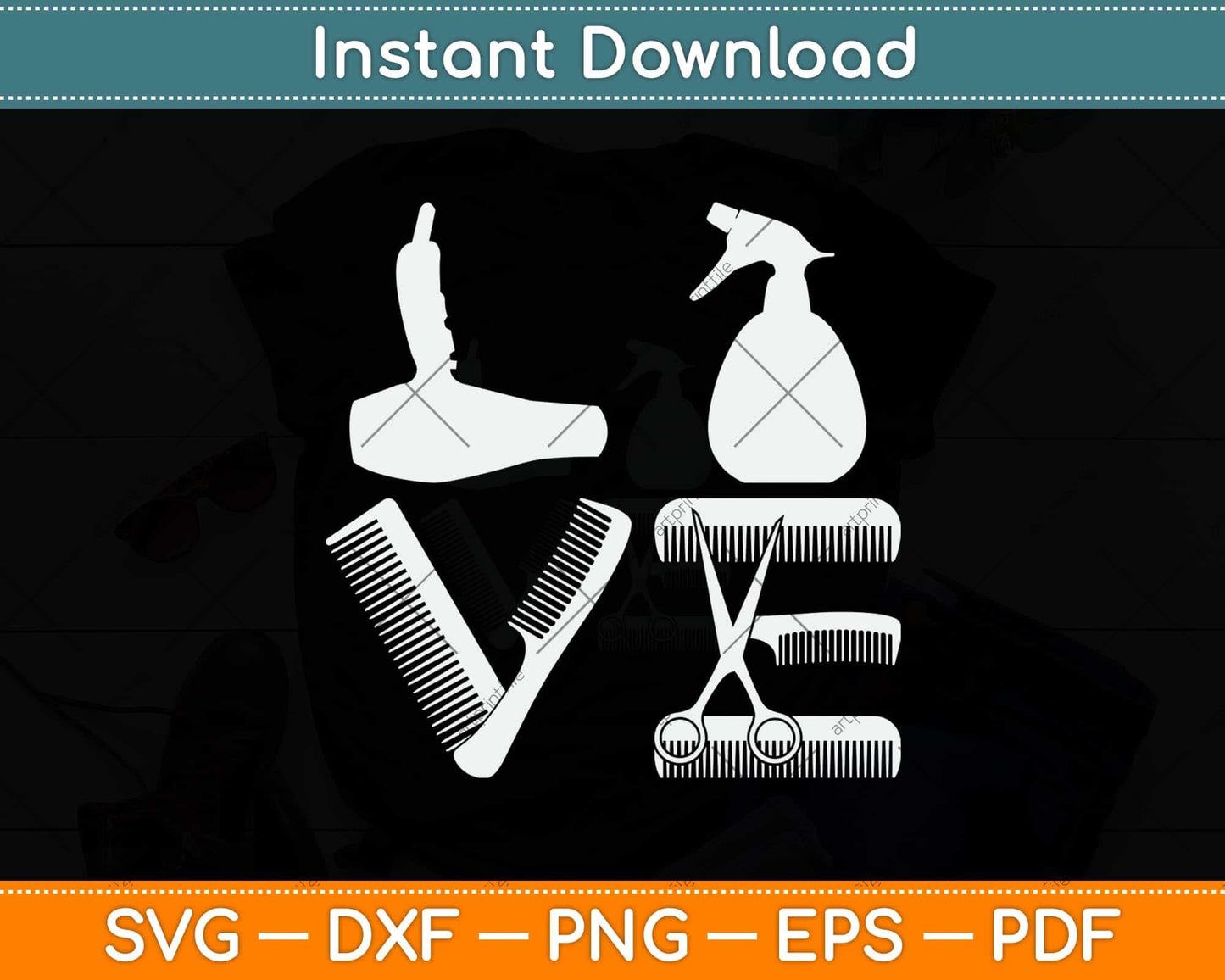 Hairdresser Love Hairdryer Scissors Barber Hair Brush Svg Png Dxf Digital Cutting File