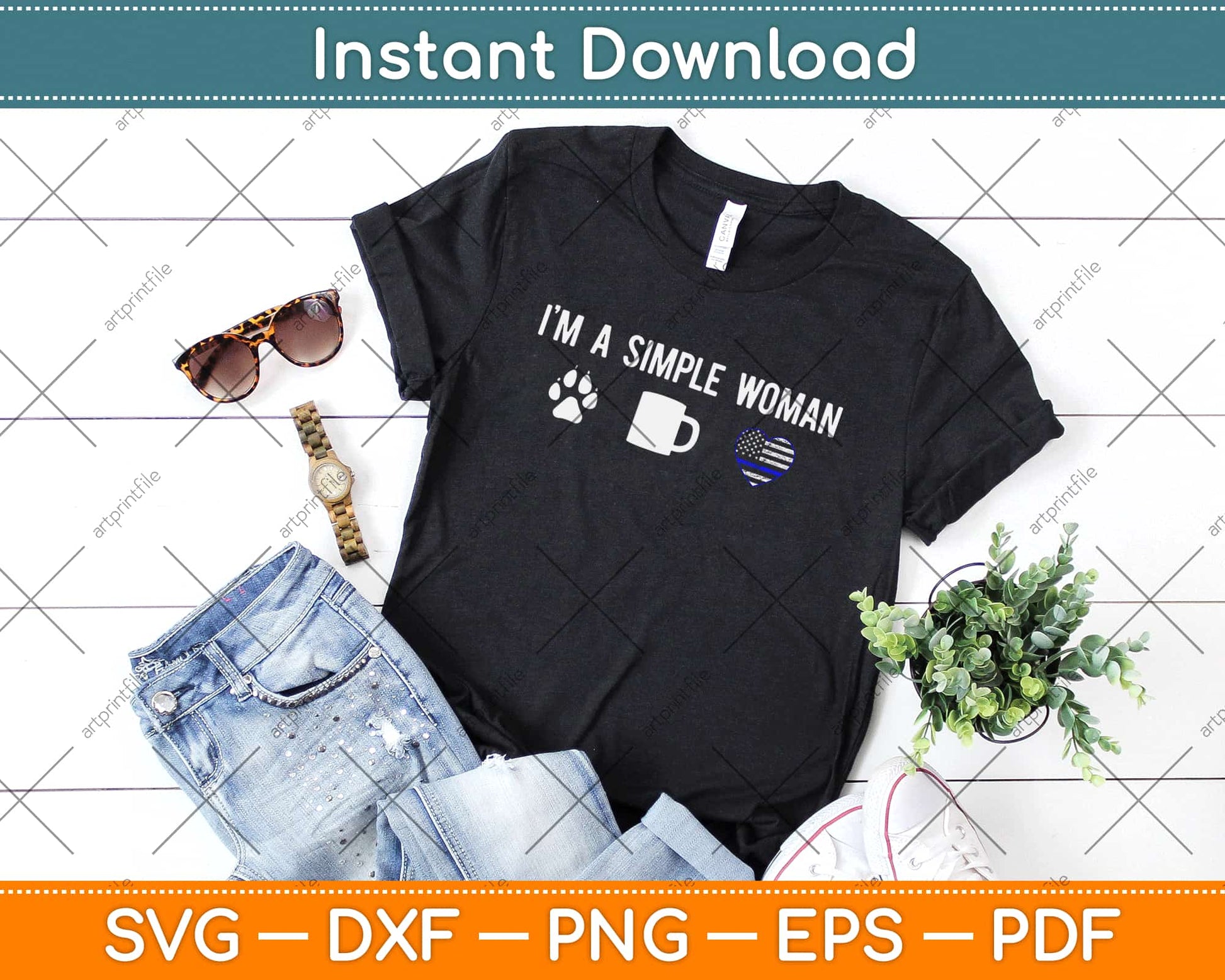 I'm A Simple Woman Love Dog Coffee Heart Blue Line Police Svg Png Cutting File