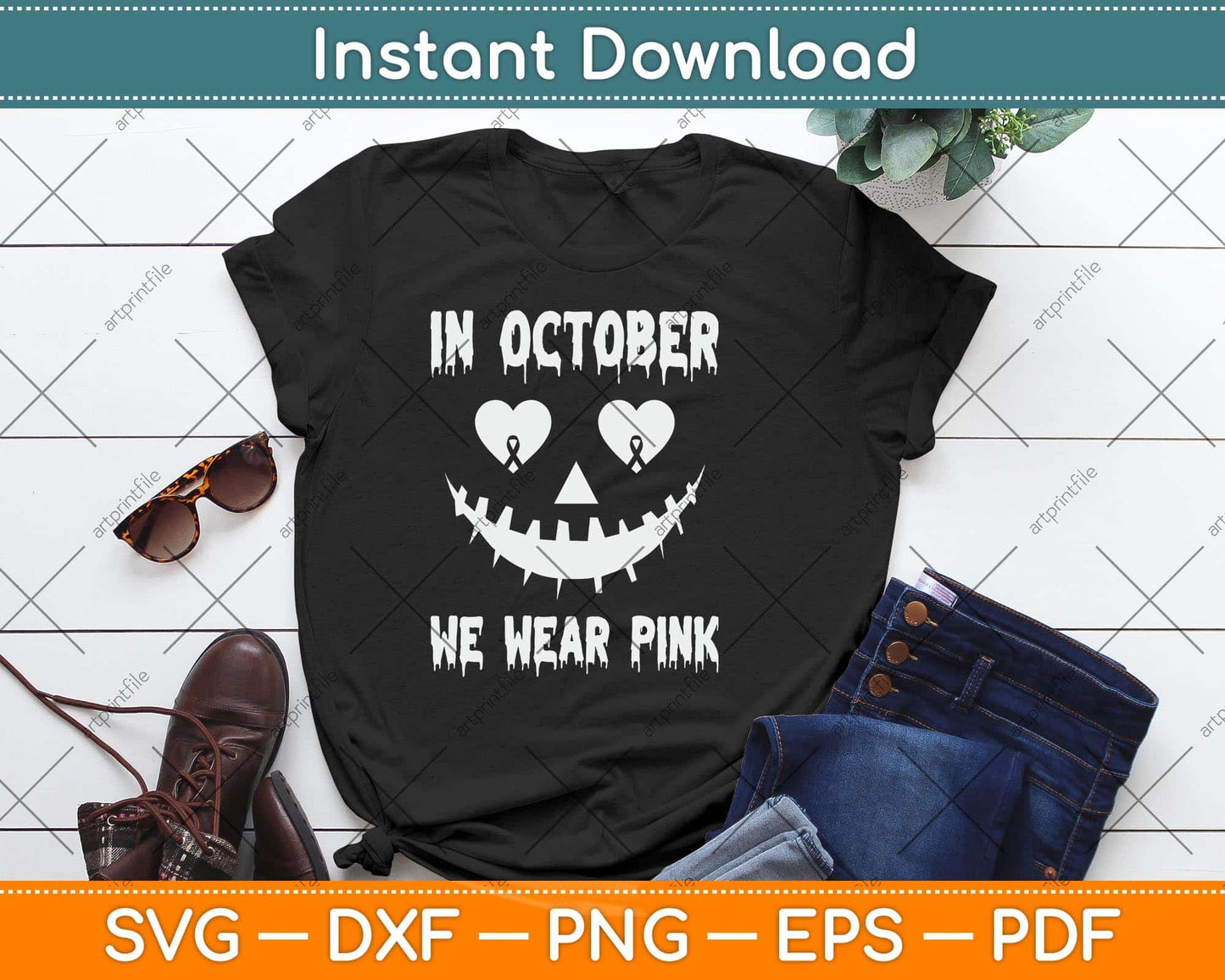 In October We Wear Pink Breast Cancer Jackolantern Halloween Svg Png Dxf Cutting File