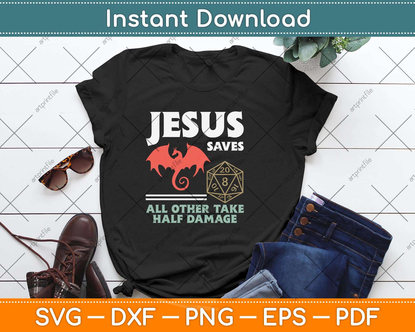 Jesus Saves DM Dragon D20 Dice Gift RPG Role Playing Gamer Svg Png Dxf File