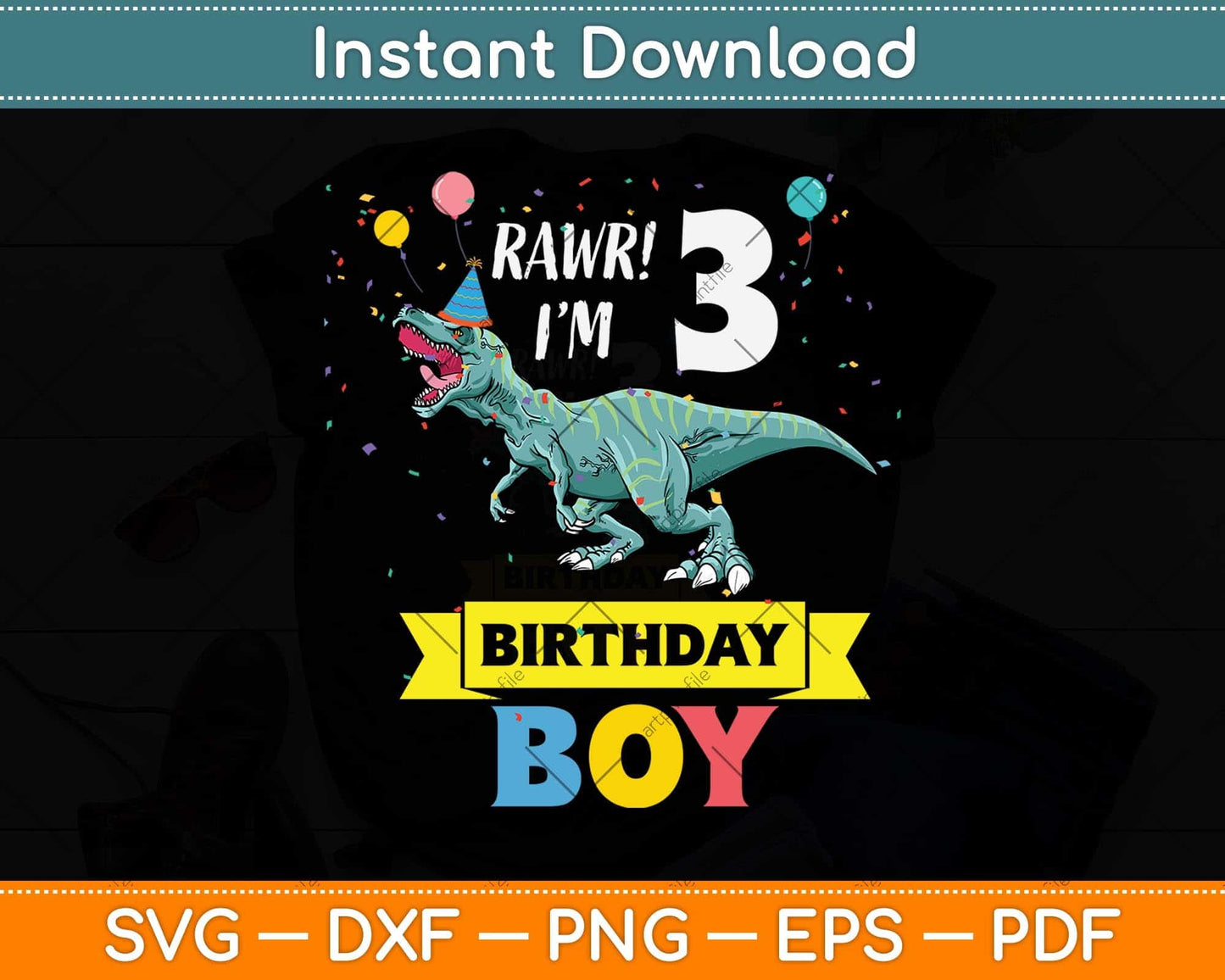 Kids 3 Year Old Shirt 3rd Birthday Boy T Rex Dinosaur Svg Png Dxf Digital Cutting File