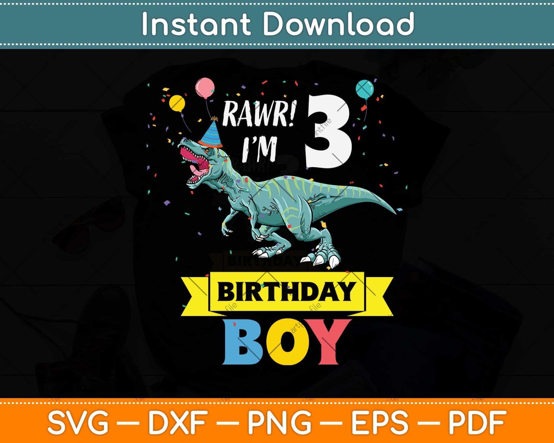 Kids 3 Year Old Shirt 3rd Birthday Boy T Rex Dinosaur Svg Png Dxf Digital Cutting File