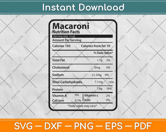 Macaroni Nutrition Facts Thanksgiving Svg Png Dxf Digital Cutting Files