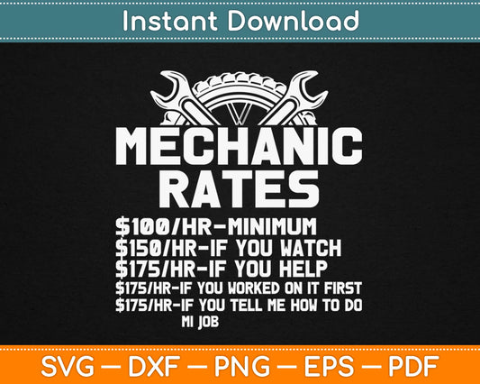 Mechanic Hourly Rates Svg Design Cricut Printable Cutting Files