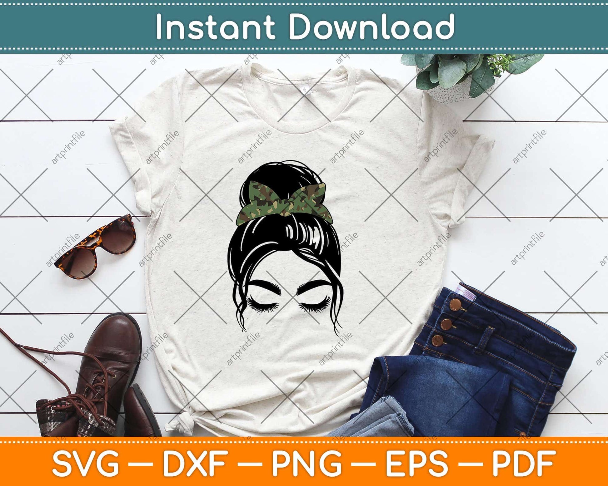 Mom Life Camouflage Print Messy Bun Svg Design Cricut Printable Cutting Files