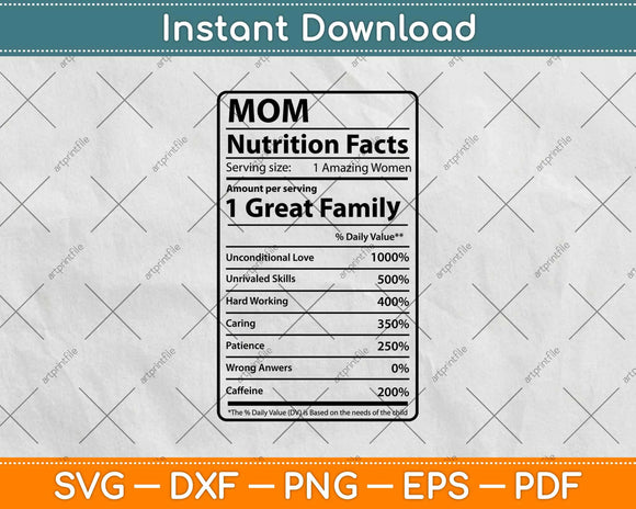 Mom Nutrition Facts Nutritional Label Svg Design Cricut Printable Cutting Files