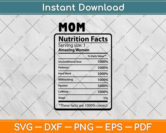 Mothers Day Gifts for Mom Nutritional Facts Label Funny Svg Design