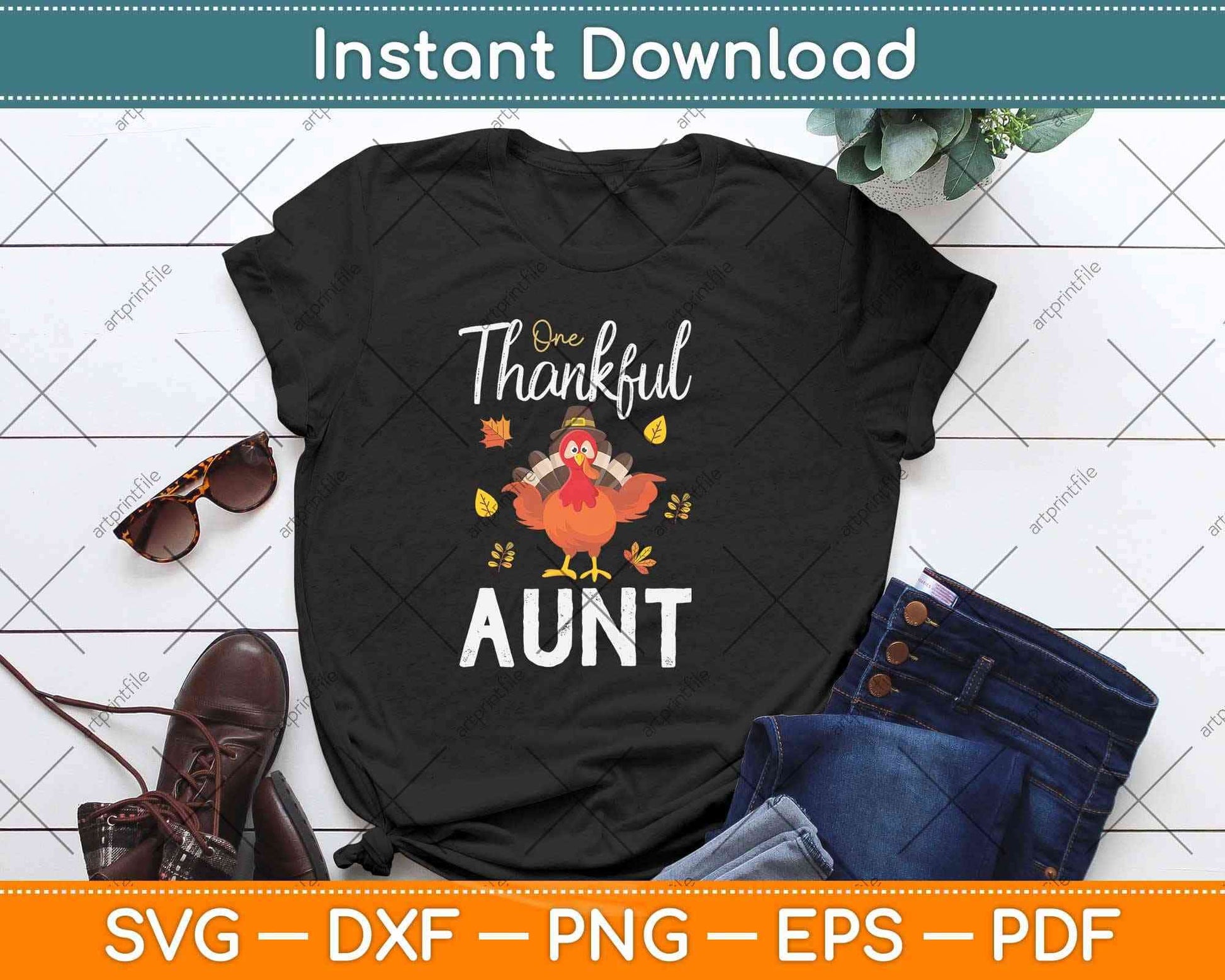 One Thankful Aunt Auntie Turkey Thanksgiving Family Svg Design