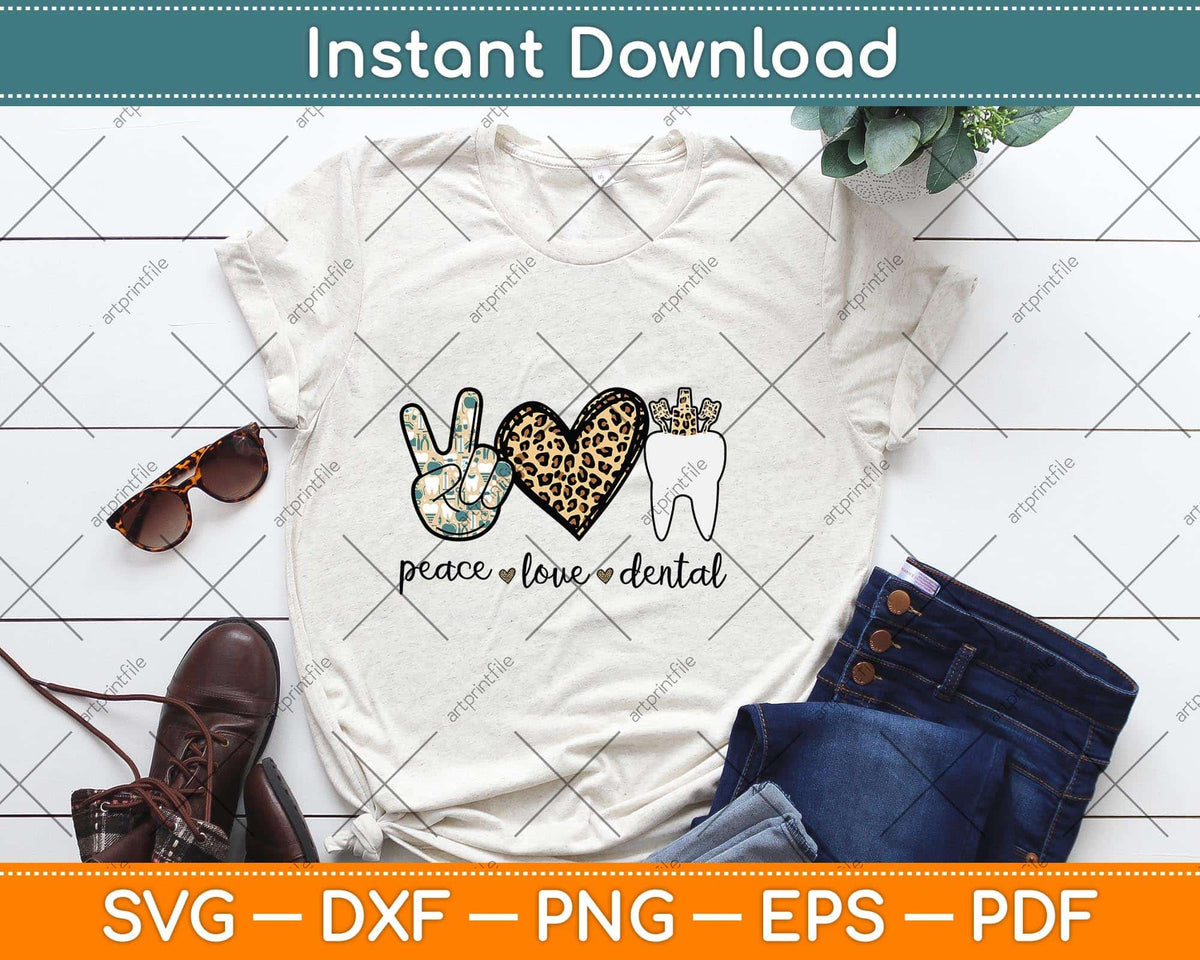 Peace Love Dental Leopard Heart Teeth Cute Dentist Svg Png Dxf Digital Cutting File