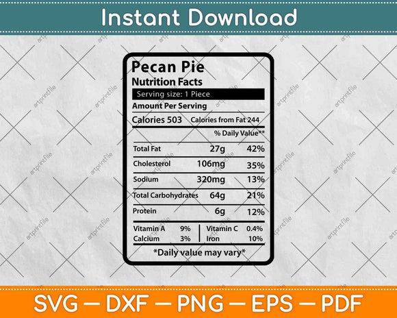 Pecan Pie Nutrition Facts Funny Thanksgiving Svg Png Dxf Digital Cutting File