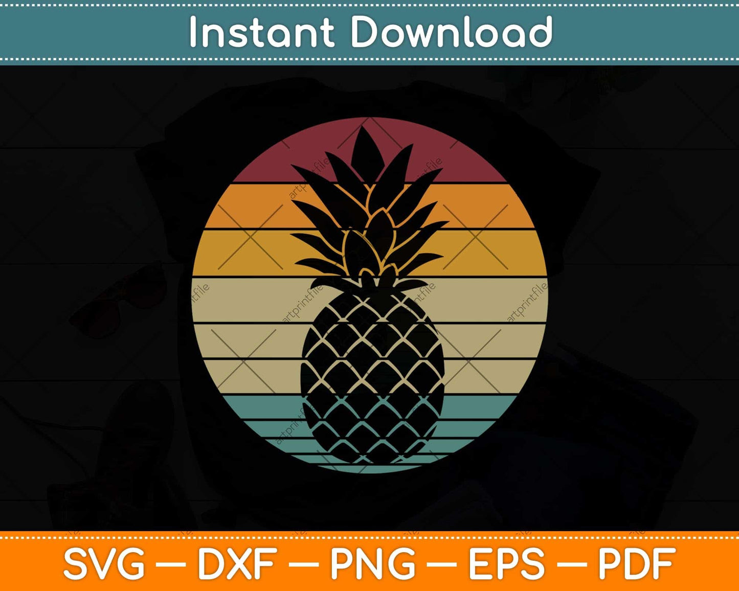 Pineapple Fruit Retro Style Vintage Gift 70s 80s Svg Png Dxf Digital Cutting File