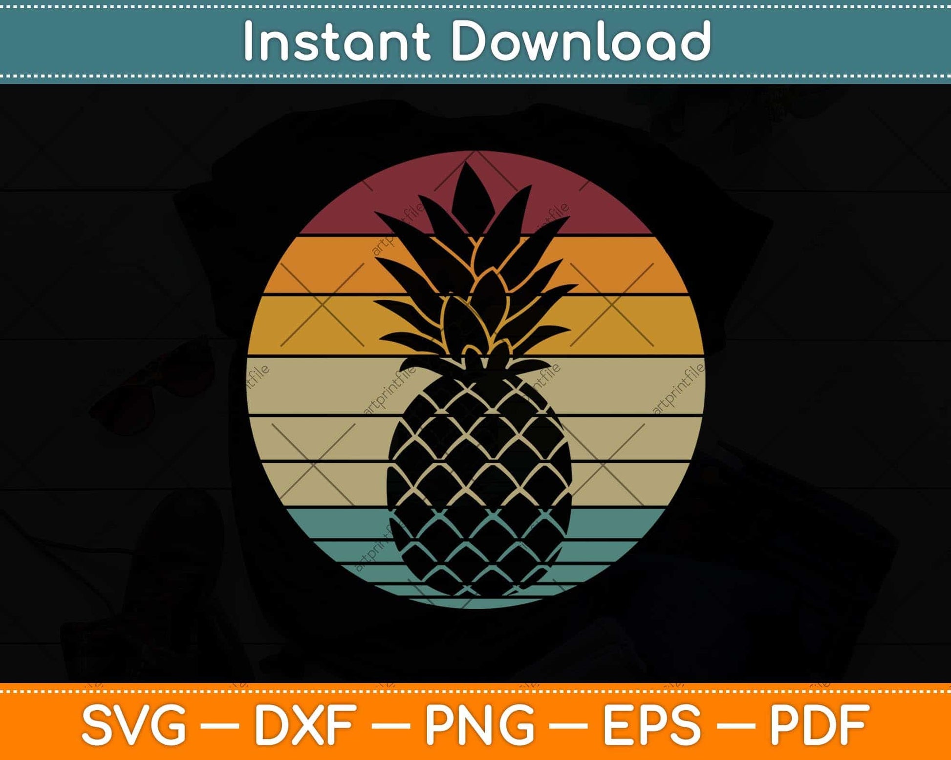 Pineapple Fruit Retro Style Vintage Gift 70s 80s Svg Png Dxf Digital Cutting File