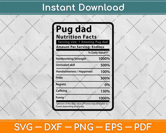 Pug dad Nutrition Facts Father's Day Svg Png Dxf Digital Cutting Files