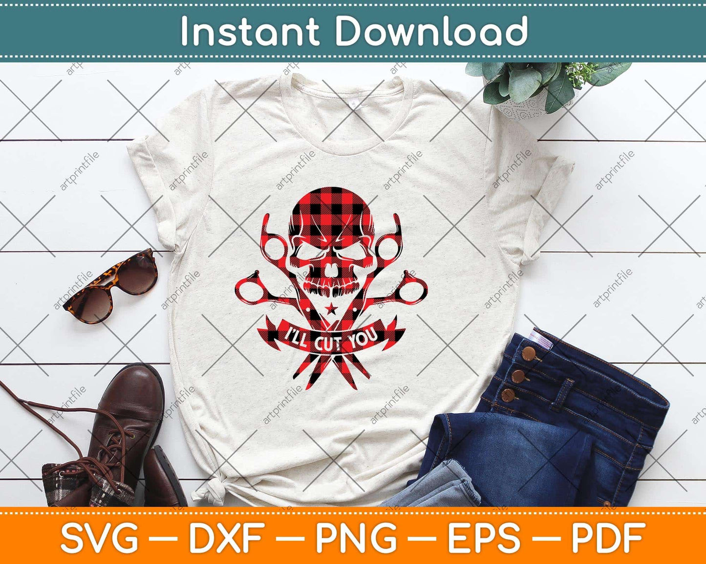 Red Plaid I'll Cut You Hair Stylist Skull Svg Png Dxf Digital Cutting File