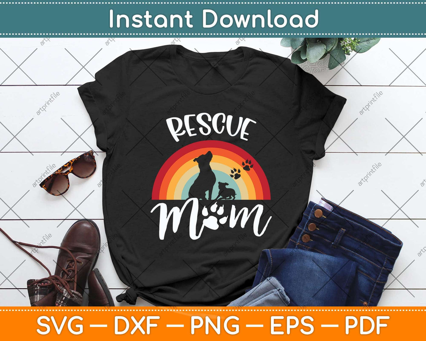 Rescue Mom Dog And Cat Rainbow Vintage Svg Png Dxf Digital Cutting File