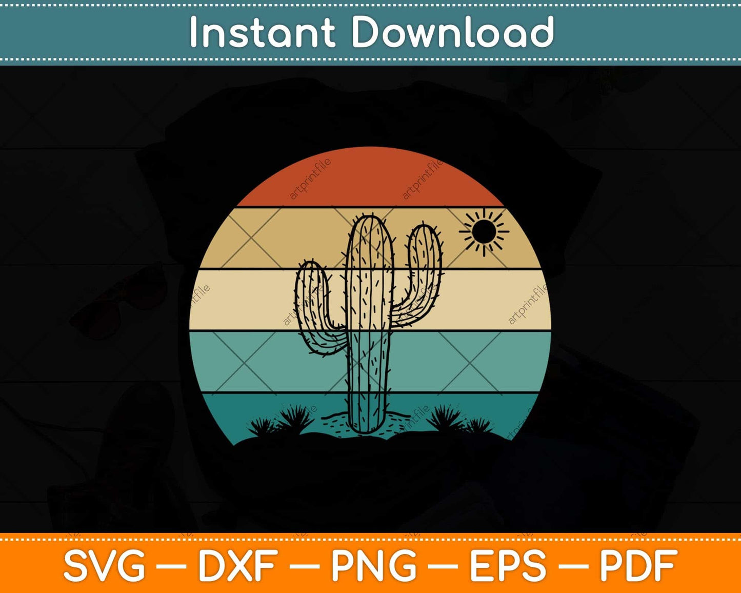 Retro Vintage Saguaro Cactus Cactus Sunset Opuntia Cactaceae Svg Png Dxf Cutting File
