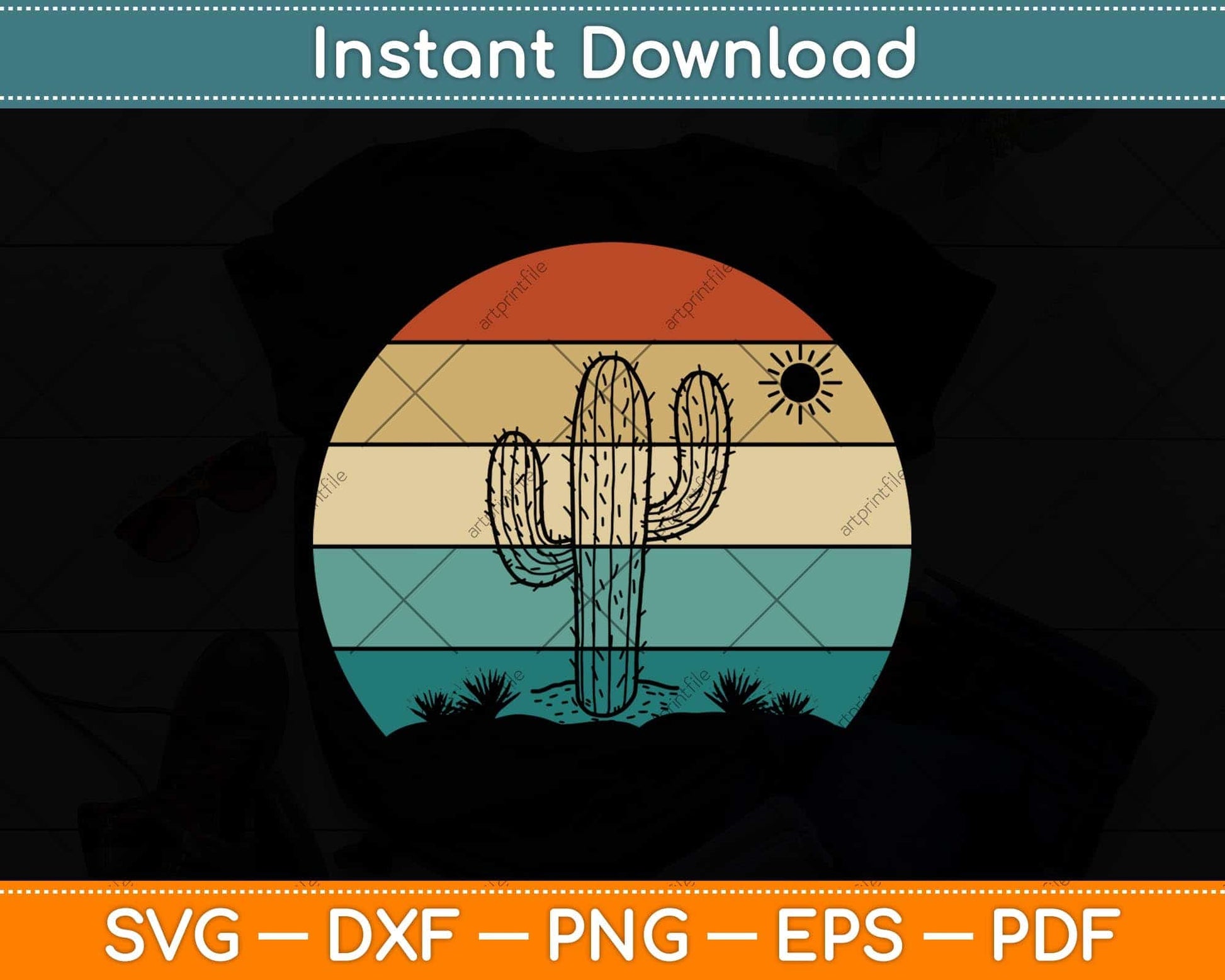 Retro Vintage Saguaro Cactus Cactus Sunset Opuntia Cactaceae Svg Png Dxf Cutting File