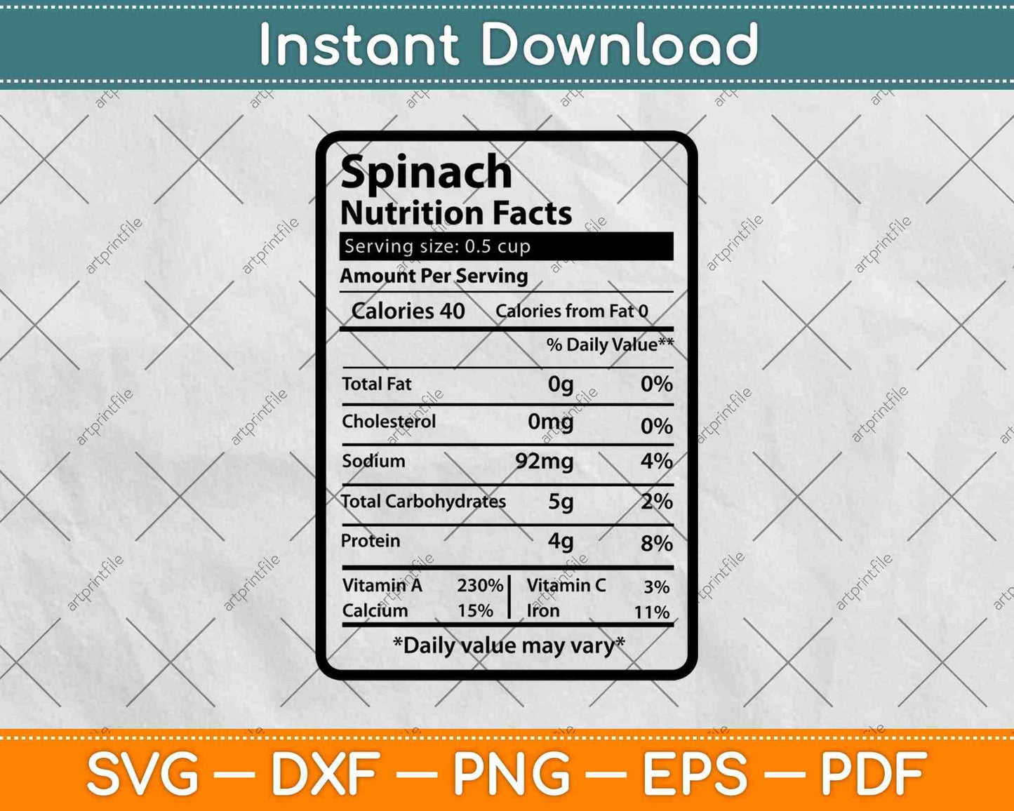 Spinach Nutrition Facts Funny Thanksgiving Svg Png Dxf Digital Cutting Files