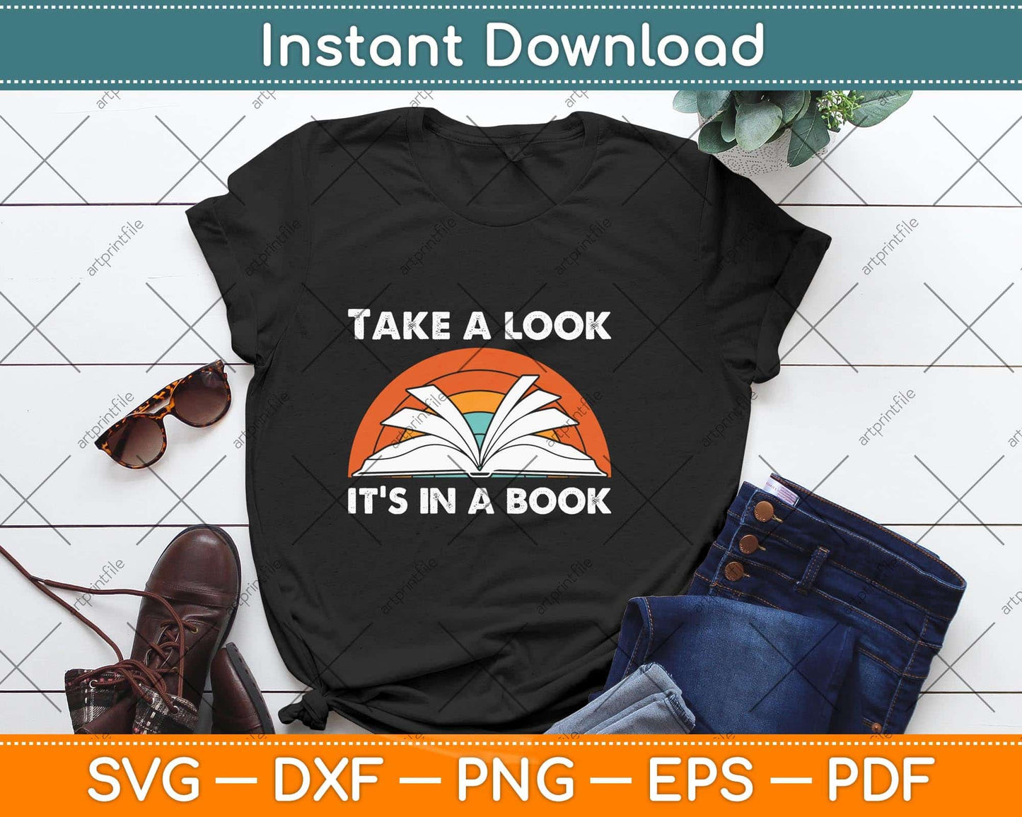 Take A Look It's In A Book Reading Vintage Retro Rainbow Svg Png Dxf Cutting File