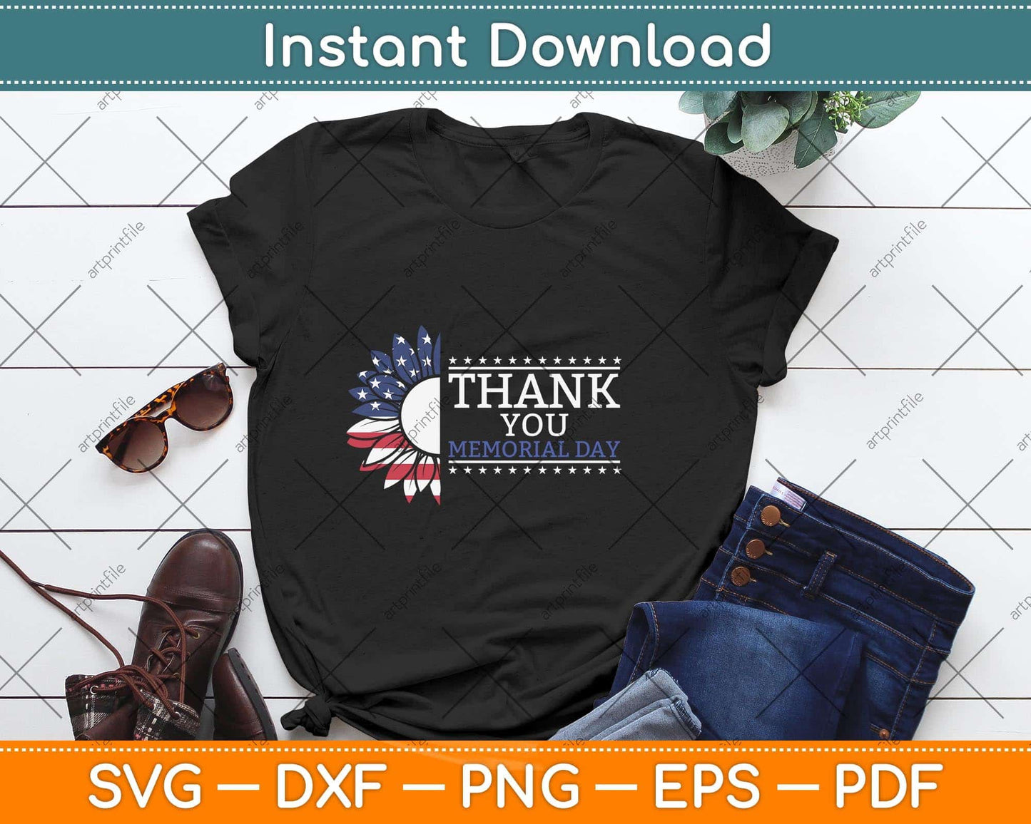 Thank You Memorial Day Sunflower Usa Flag American Flag Svg Png Dxf Cutting File