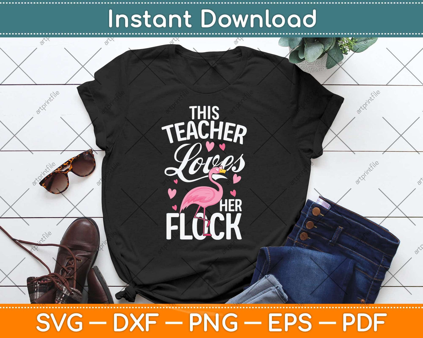 This Teacher Loves Her Flock Flamingo Teacher Class Svg Png Dxf Digital Cutting File