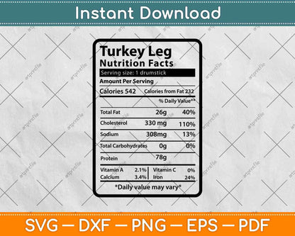 Turkey Leg Nutrition Facts Funny Thanksgiving Svg Png Dxf Digital Cutting Files
