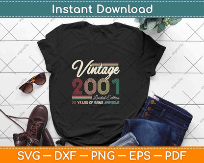 Vintage 2001 Limited Edition 20 Years Old 20th Birthday Svg Png Dxf File
