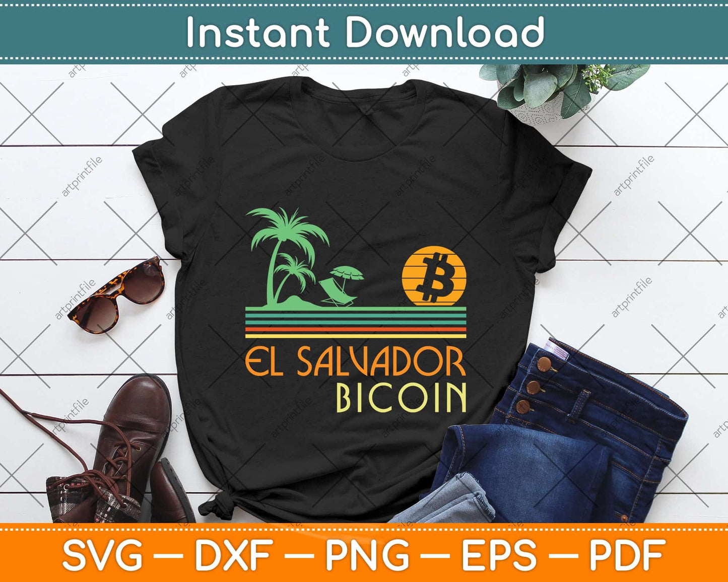 Vintage Beach El Salvador Bitcoin BTC Currency Svg Png Dxf Digital Cutting File