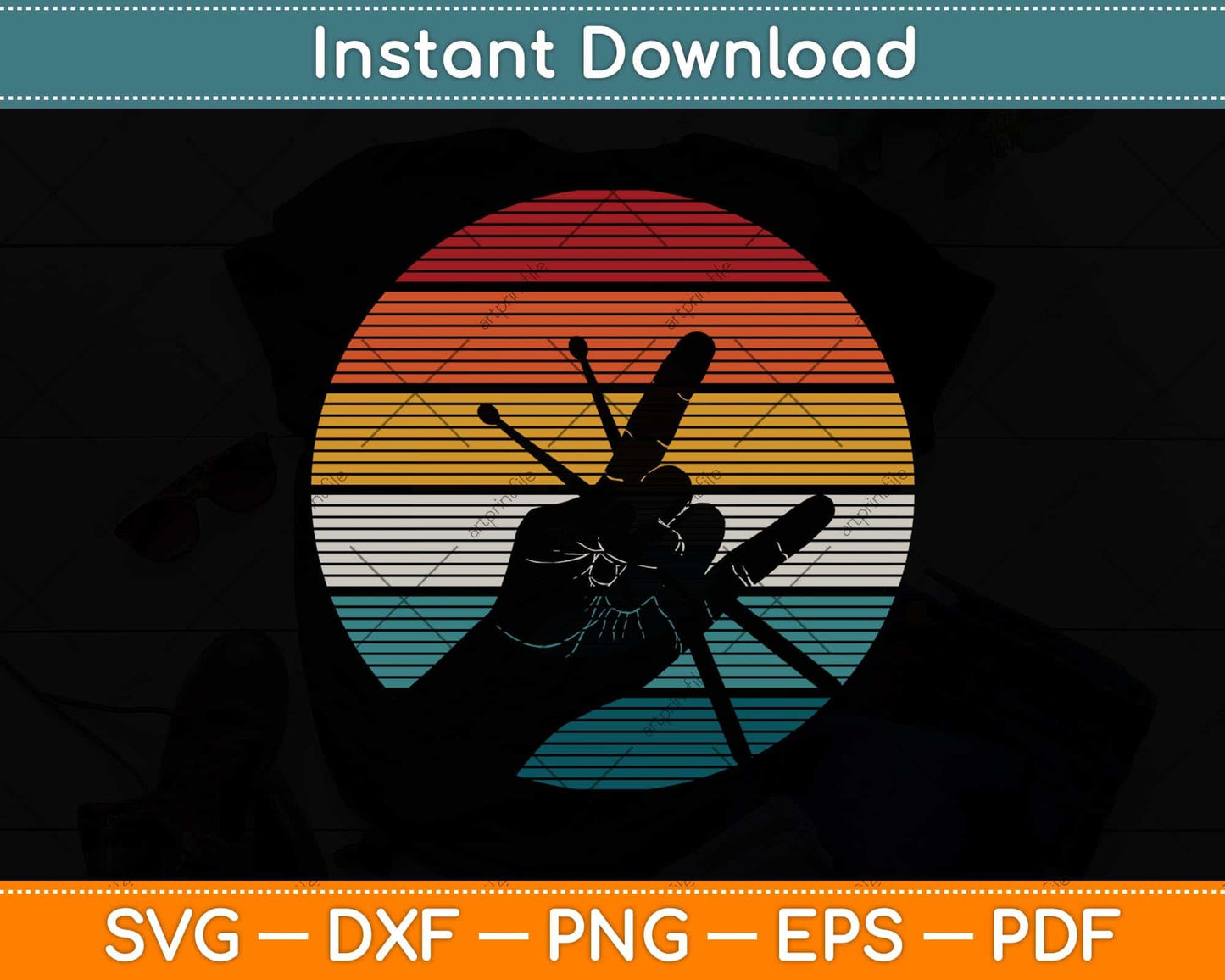 Vintage Drummer Drum Sticks Rock & Roll Hand Horns Svg Png Dxf Digital Cutting File