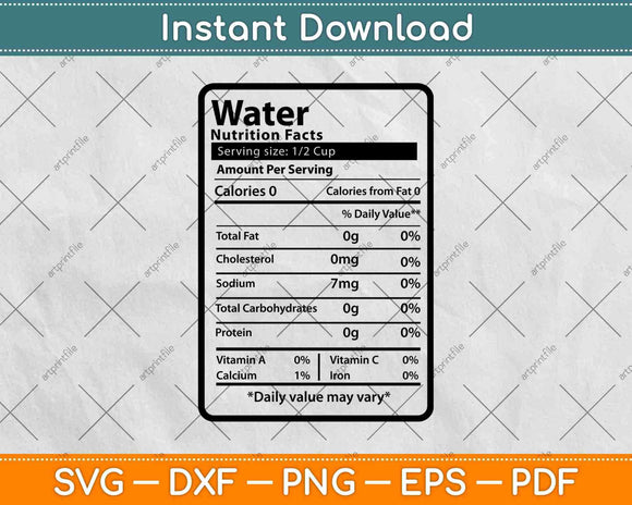 Water Nutrition Facts Funny Thanksgiving Christmas Svg Png Dxf Digital Cutting Files